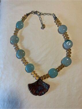 Blue and Gold Beaded Raku Ginkgo Pendant Necklace
